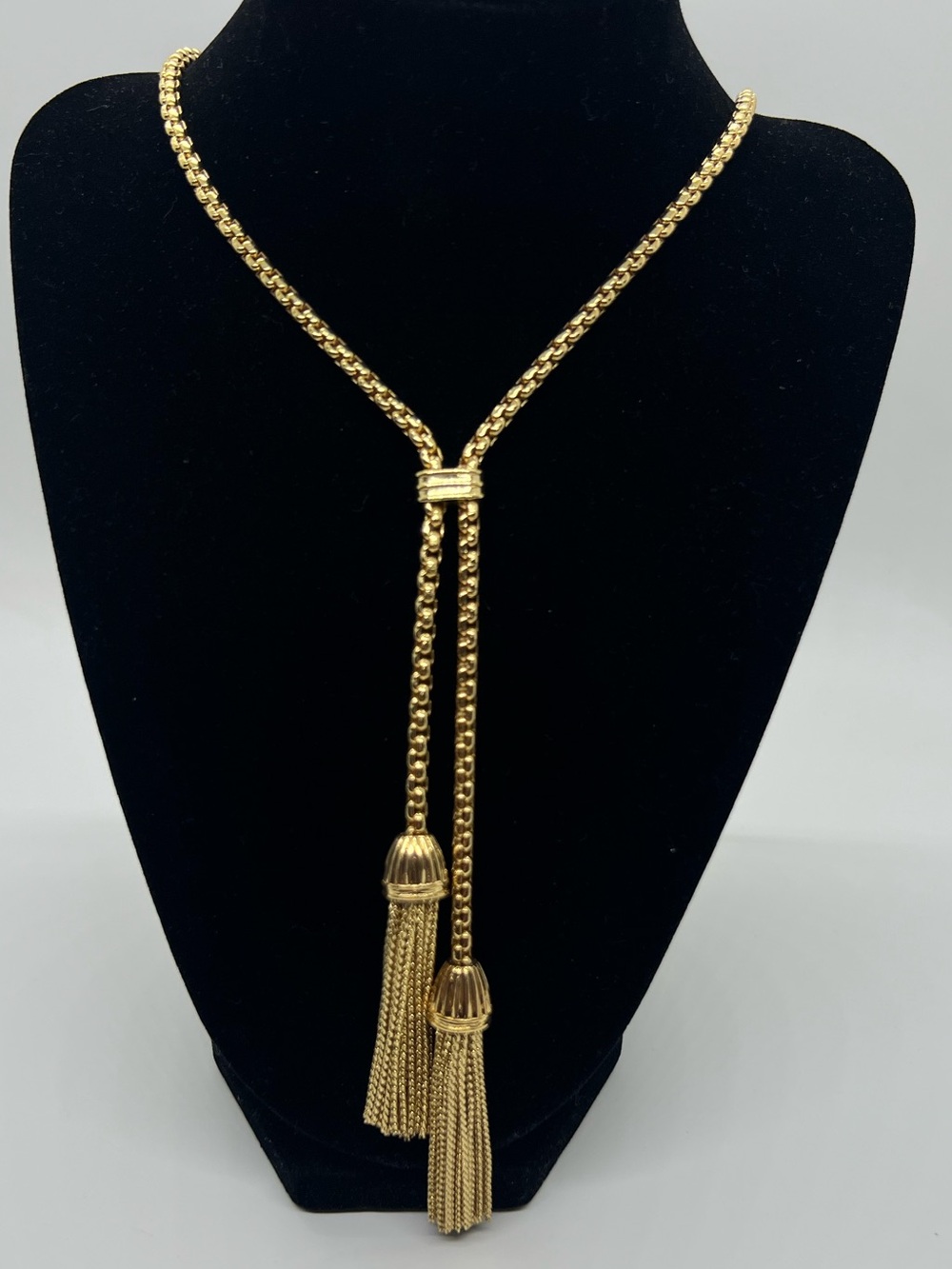 J.Crew Gold Tone Double Tassel Lariat Necklace Long Box Chain EUC